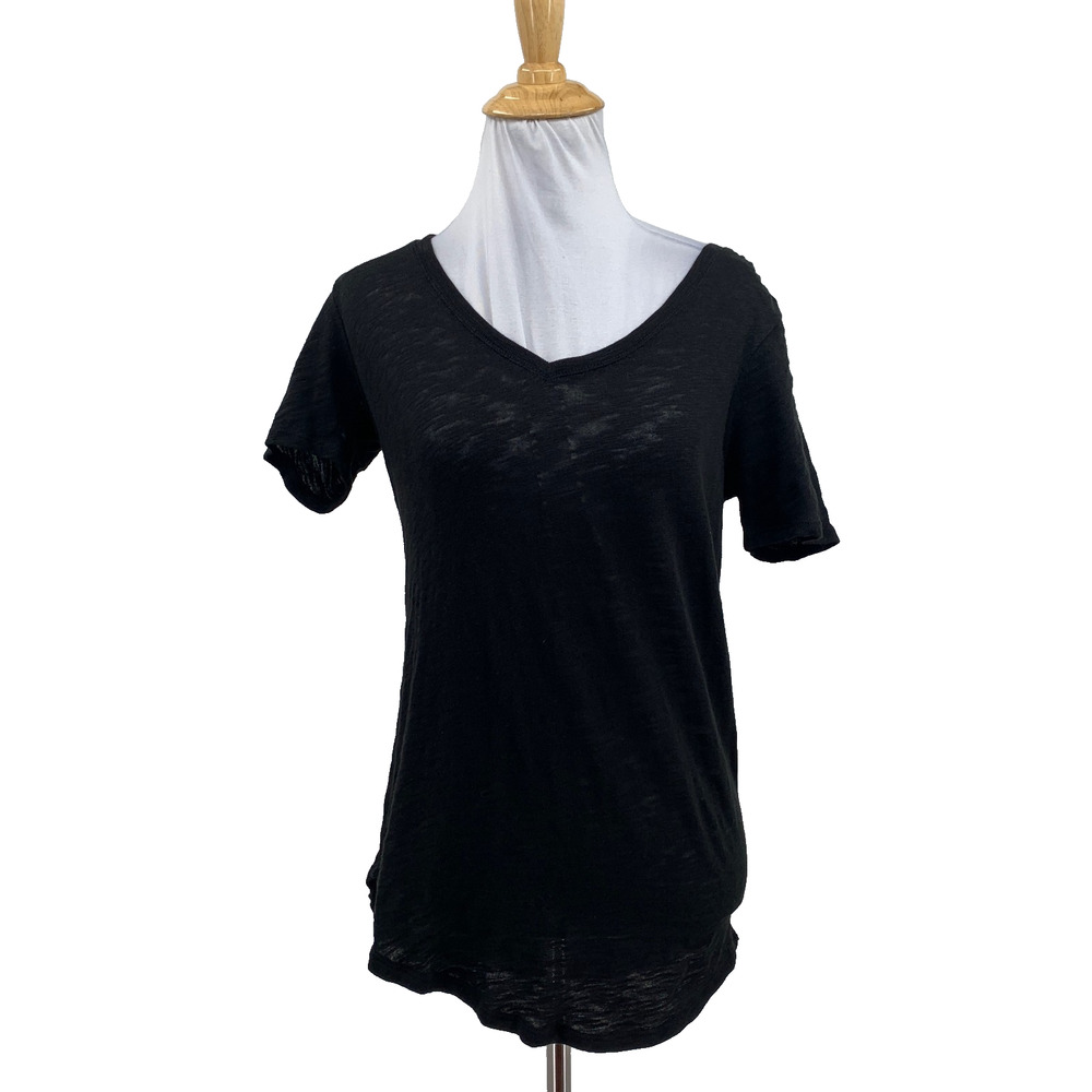 ATM T Shirt Womens S Small Black Slub Jersey Classic V Neck Cotton Short Sleeve